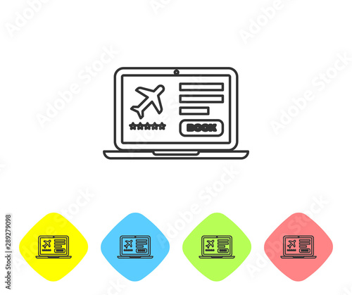 Grey line Laptop with electronic boarding pass airline ticket icon isolated on white background. Passenger plane mobile ticket for web and app. Set icons in color rhombus buttons. Vector Illustration