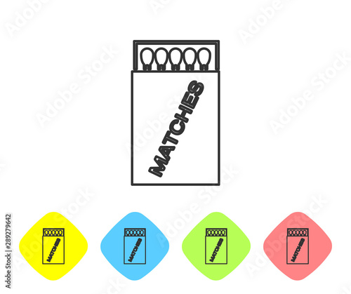 Grey line Open matchbox and matches icon isolated on white background. Set icons in color rhombus buttons. Vector Illustration