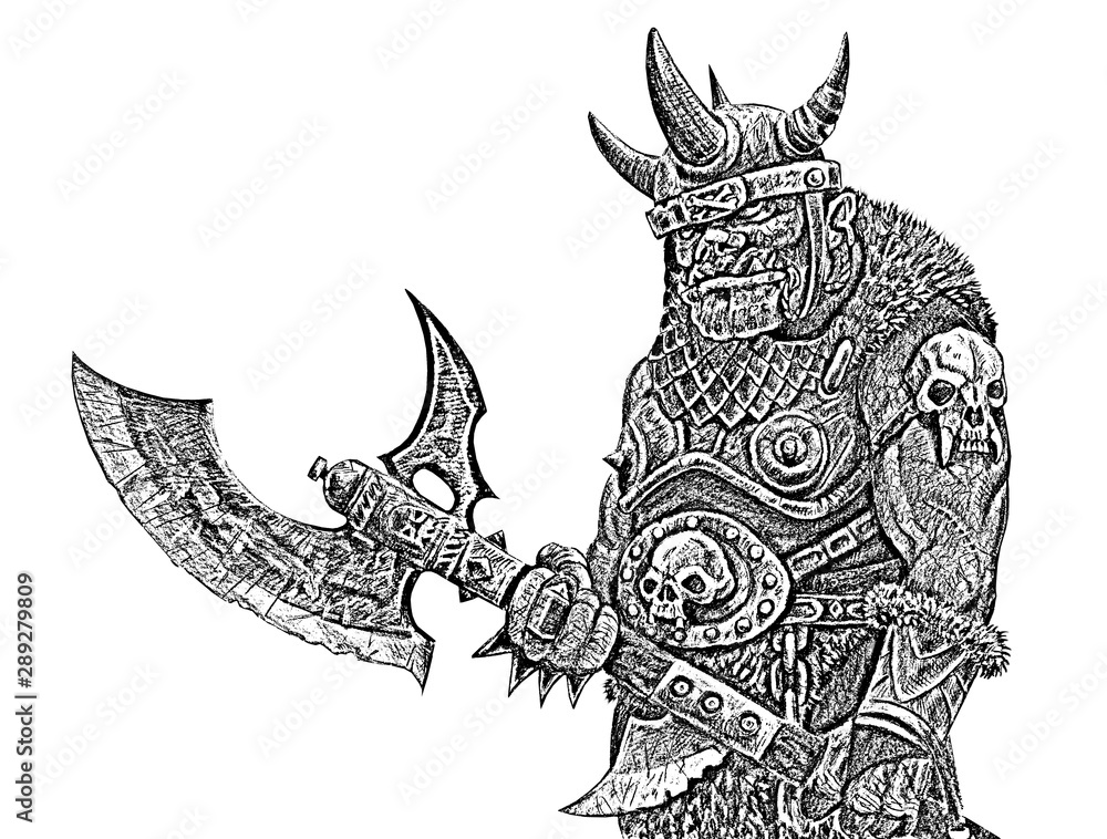 Orc with ax. Fantasy black white drawing. Barbarian creature ...