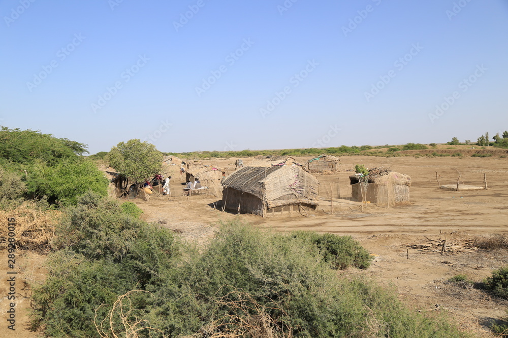 Tharparkar Sindh, Pakistan - March, 2019: View of Green Thar Desert Poor hut house, Women Children Colourful Dress, Barren land Drought in Thar Desert