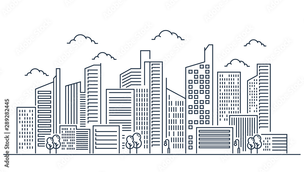 Thin line style city panorama on white background. Outline cityscape. Horizontal panorama. Vector illustration