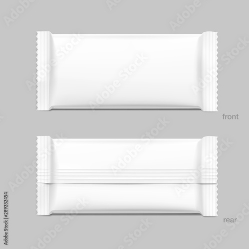 Blank flow pack on grey background. Realistick vector illustration. Template ready for your desing. It can be use for presentation packaging, promo, adv and etc.EPS10.