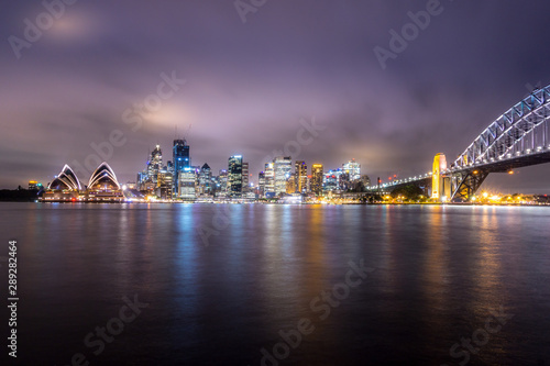 Sydney Harbour and Skyline at night. Panorama from Kirribilli, North Sydney.