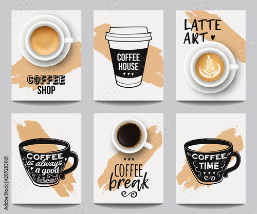 Vector set of modern posters with coffee backgrounds. Trendy templates for flyers, banners, invitations, restaurant or cafe menu design.