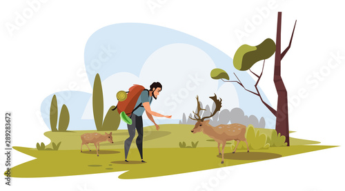 Backpacker and deers flat vector illustration
