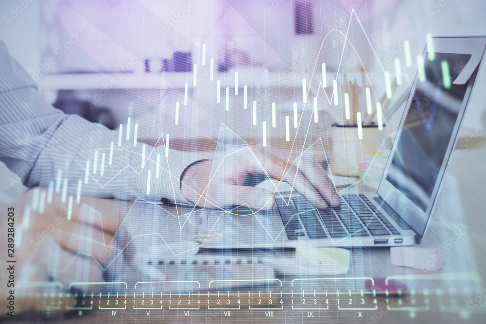 Multi exposure of stock market chart with man working on computer on background. Concept of financial analysis. Multi exposure of stock market chart with man working on computer on background. Concept of financial analysis.