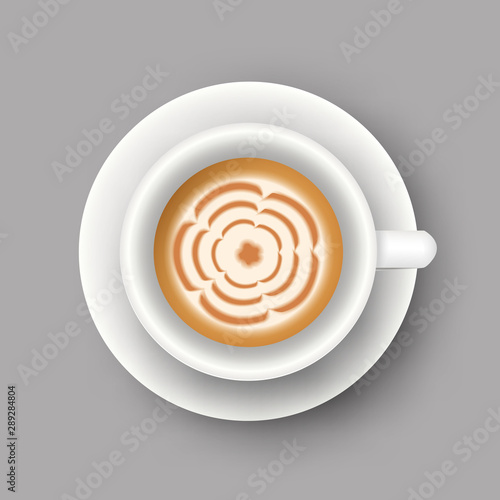 Vector realistic illustration of coffee cup. Top view of realistic hot morning beverage. 3d template of mug with latte for cafe menu design, banner, poster