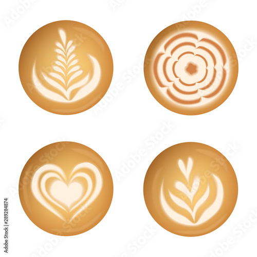 Vector set with realistic coffee latte art top view: tulips, hearts, flowers