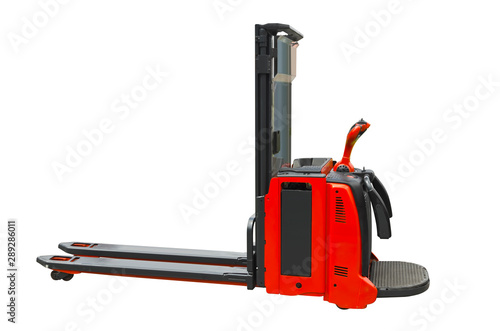 Red pallet stacker side view, isolated on a white background photo