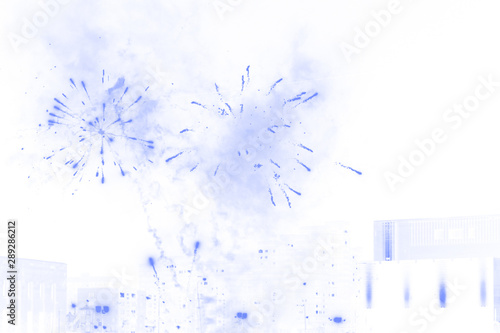 Stylized fireworks photography, gray-blue on white. With modern building on background.