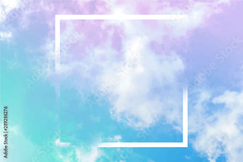 Vector neon pastel toned abstract sky background with clouds and a frame, a design template with a place for a quote and logo