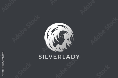 Woman Girl Logo abstract circle shape design vector template Negative space style. Night Lady Logotype concept icon.