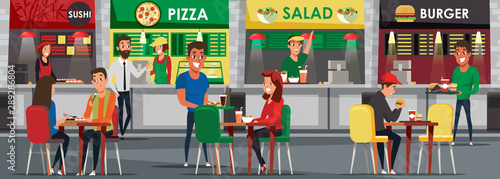 Food court, cafeteria flat vector illustration