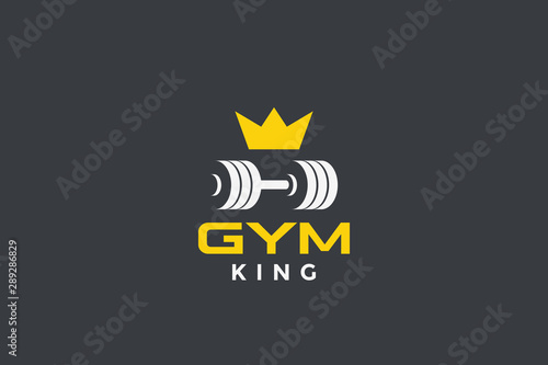 Dumbbell barbell with crown Logo design for GYM Fitness Sport club vector design template.