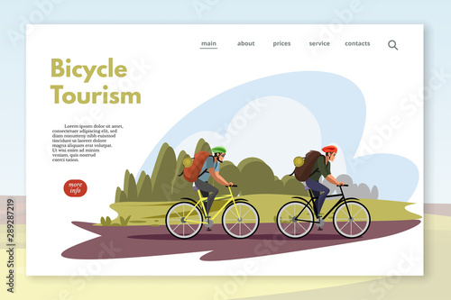 Bicycle tourism webpage template. Backpackers on bicycles vector illustration