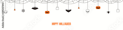 Happy Halloween garland, bunting with pumpkins, bats, ghosts, spider webs, skulls, corn candy, on white background. Hand drawn vector illustration. Holiday concept. Banner, invitation design element.
