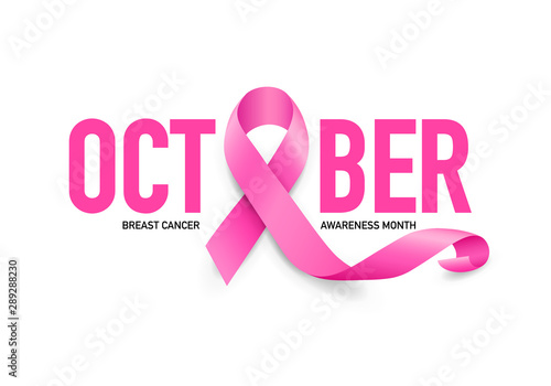 October lettering design with pink ribbon. Breast Cancer Awareness Month Campaign. For poster, banner and t-shirt. Vector Illustration isolated on white background.