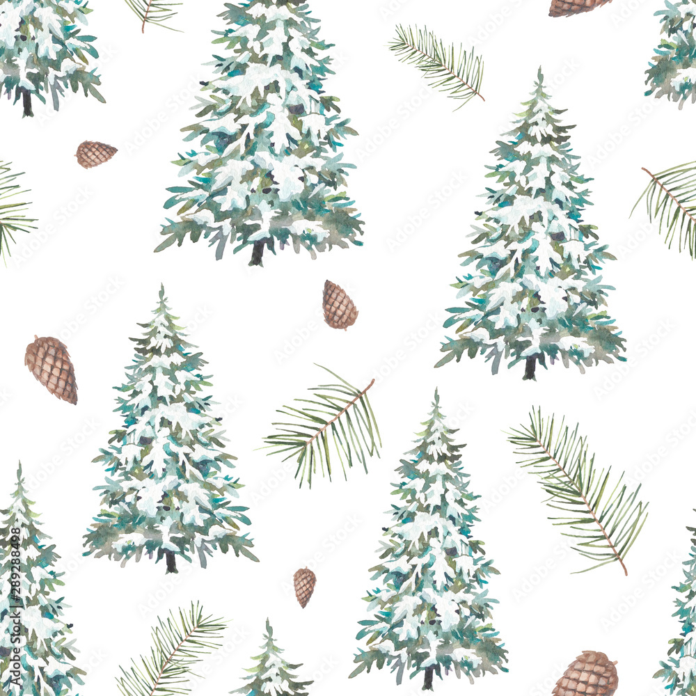 Watercolor Christmas tree seamless pattern. Holiday wallpaper with snow  covered trees, pine cones, spruce branches on white background. Stock  Illustration | Adobe Stock