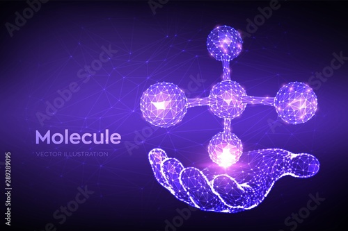 Molecule Structure. Low poly abstract Molecule in hand. Dna, atom, neurons. Molecules and chemical formulas. Scientific background for medicine, science, biology. 3D polygonal vector illustration.
