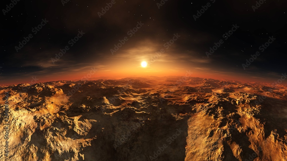Alien landscape. Martian surface, Panorama of Mars. 3d rendering.