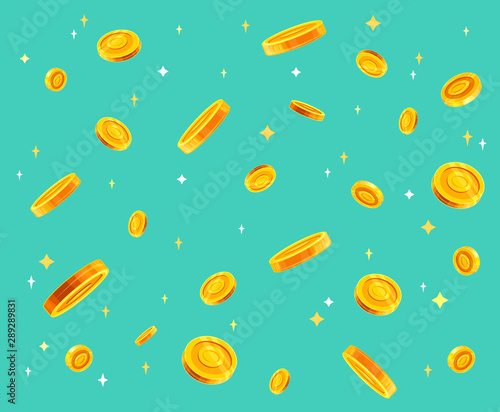 Gold coins money falling vector illustration, flat style dropping coins, isolated on color background.