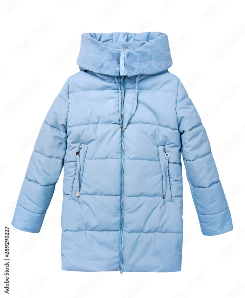 Winter blue child girl's coat isolated on white. - obrazy, fototapety, plakaty 