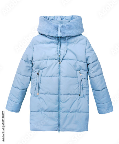 Winter blue child girl's coat isolated on white. photo