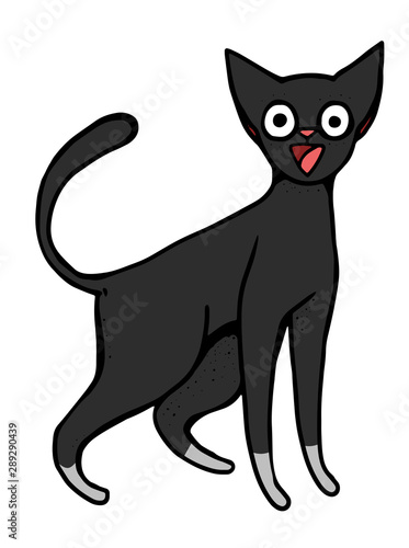 The black cat happy. Cartoon illustration.