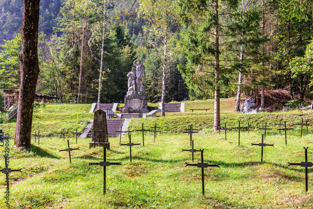 Graveyard of Fallen Soldier and Monument of Isonzo Front, ger. Soldatenfriedhof des Ersten Weltkriegs in Log pod Mangartom, Bovec, Slovenia. Europe. Graveyard of Fallen Soldier and Monument of Isonzo Front, ger. Soldatenfriedhof des Ersten Weltkriegs in Log pod Mangartom, Bovec, Slovenia. Europe.