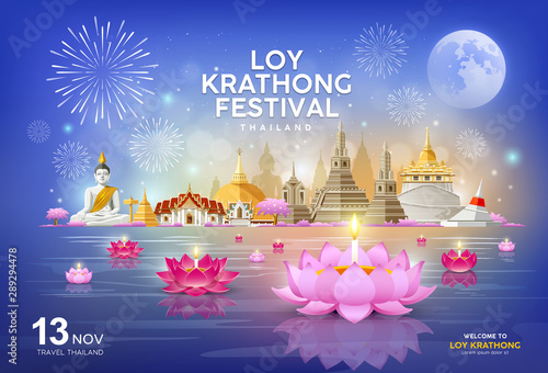 Welcome to Loy Krathong festival in building and landmark thailand banners on blue background, vector illustration