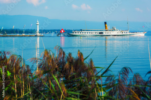 Beautiful panorama of Leman lake in Geneva harbor, Switzerland