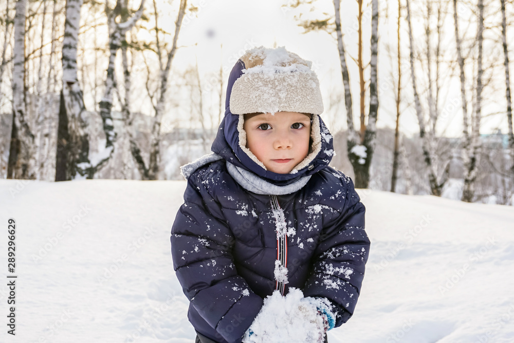 portrait of a happy child boy throws snow, snowflakes in the air in cold winter against the background of snowdrifts portrait of a happy child boy throws snow, snowflakes in the air in cold winter against the background of snowdrifts