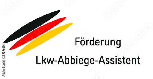 Text "Förderung Lkw_Abbiege-Assistent" mit Schwarz, Rot, Gold