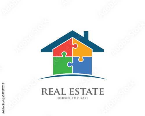Real Estate House in Puzzle pieces logo design. Vector illustration
