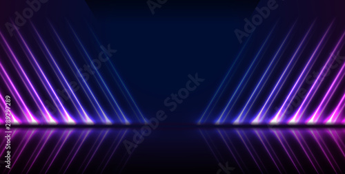 Blue and ultraviolet neon laser lines with reflection. Abstract rays technology retro background. Futuristic glowing graphic design. Modern vector illustration