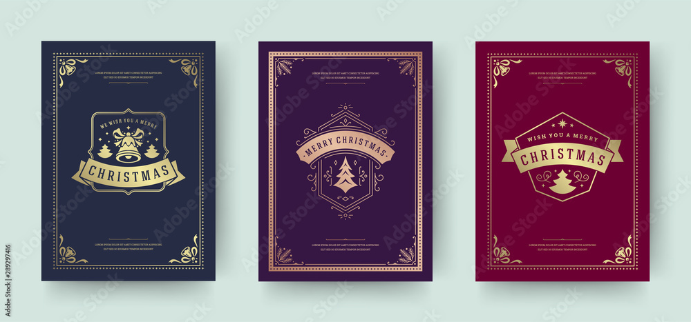 Christmas greeting cards vintage typographic design, ornate decorations, winter holidays wishes and ornament frames.