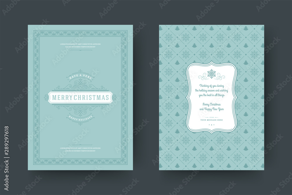 Christmas greeting card vintage design, ornate decorations with winter holidays wish, floral ornament and flourish frame