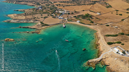 Aerial drone photo of Laki paradise beach with beautiful emerald and turquoise sea and small volcanic bays, Kato Koufonisi, Small Cyclades, Greece photo