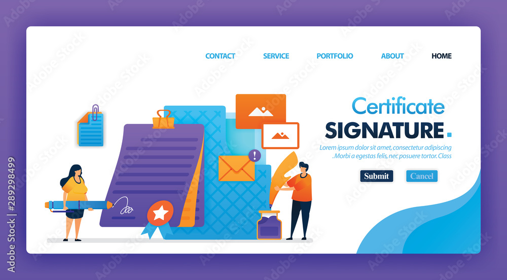 Signature certificate concept design for landing pages. flat cartoon character Sign digital contracts with e-agreement in pencil for documents. can use for homepage, website, web, mobile apps, poster