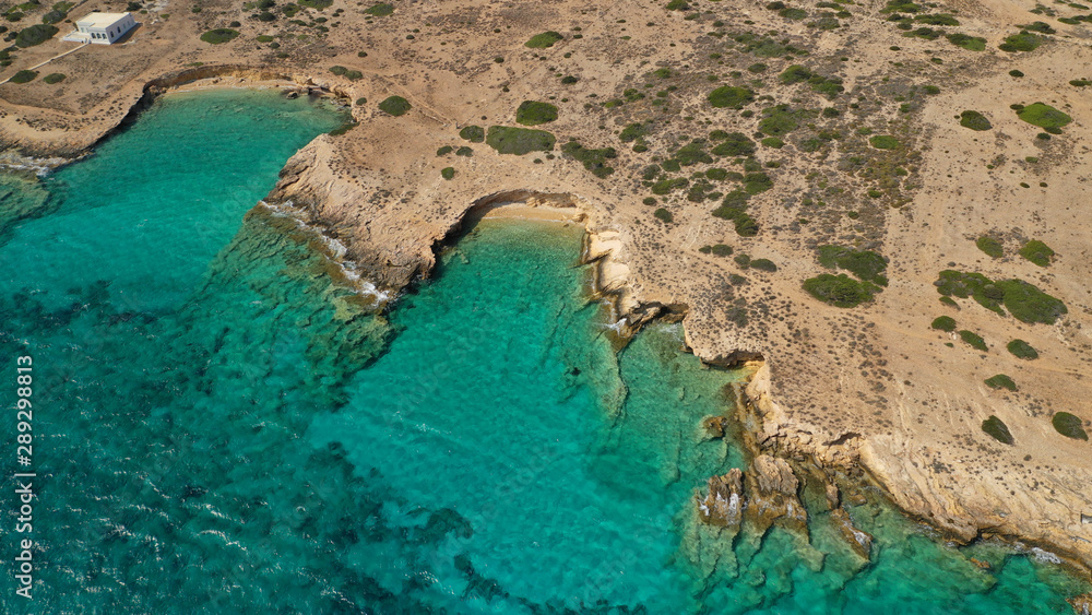 Aerial drone photo of turquoise paradise beaches of Kato Koufonisi island main Chora and church of Panagia, Small Cyclades, Greece