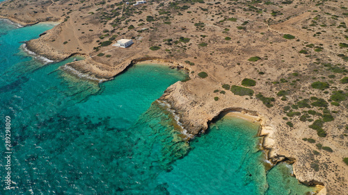 Aerial drone photo of turquoise paradise beaches of Kato Koufonisi island main Chora and church of Panagia, Small Cyclades, Greece © aerial-drone