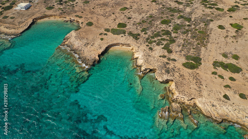 Aerial drone photo of turquoise paradise beaches of Kato Koufonisi island main Chora and church of Panagia  Small Cyclades  Greece