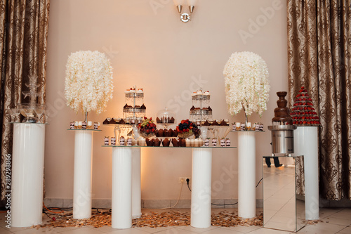 Wedding candy bar. Catering of wedding day. Candy bar. Wedding reception table with sweets, candies, dessert, meringues, fruit tart, cupcakes, muffins, cakes, eclairs