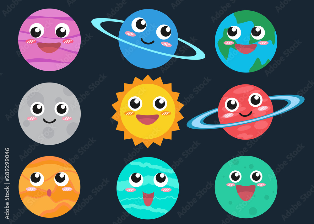 Collection of cute cartoon planets vector set - Vector illustration