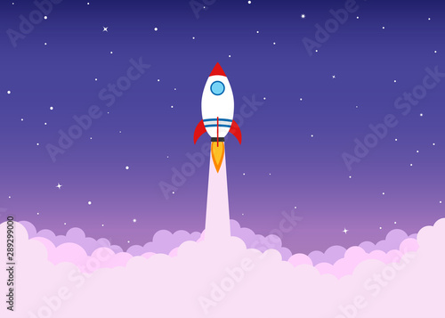 Rocket launch flying over cloud in sky - concept of business start up banner