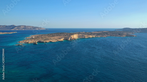 Aerial drone photo of turquoise paradise beaches of Kato Koufonisi island main Chora and church of Panagia, Small Cyclades, Greece