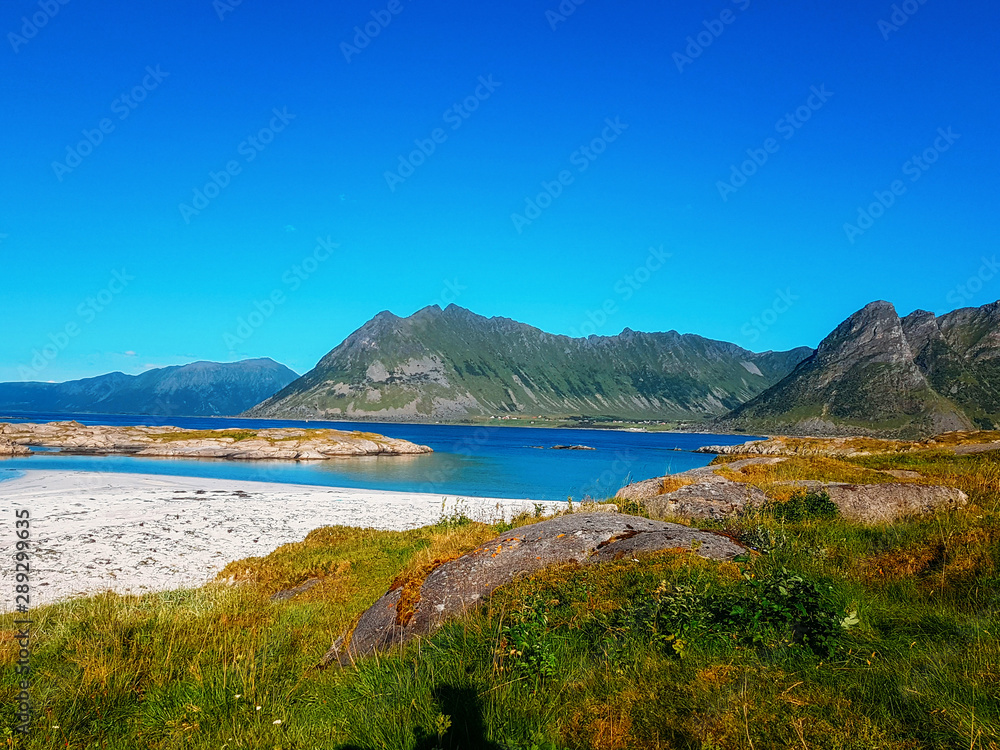 Photo of picturesque mountainous area, sea in Norway .