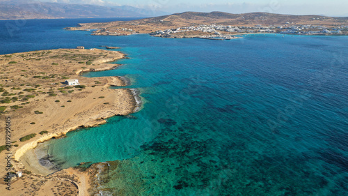 Aerial drone photo of turquoise paradise beaches of Kato Koufonisi island main Chora and church of Panagia, Small Cyclades, Greece