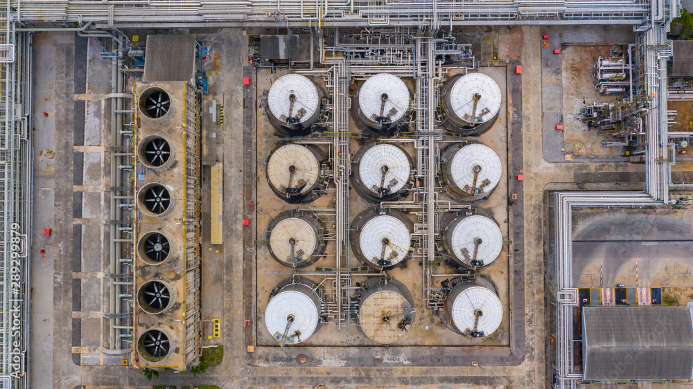 Aerial top view petrochemical product tank, Storage tank of liquid ...