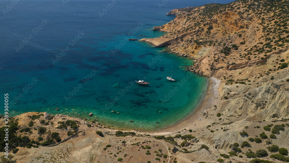 Aerial drone photo of Ganoupas and Leonidas paradise beaches with beautiful emerald and turquoise sea and small volcanic bays, Kato Koufonisi, Small Cyclades, Greece